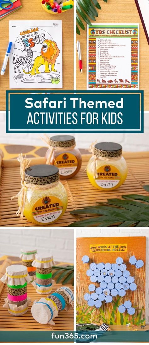 Pick your activities for VBS from our selection of safari themed crafts and games. Get the ideas right here! Zoo Camp Activities, Wild Animals Preschool Activities Safari Theme, Jungle Theme Vbs Crafts, Safari Birthday Games Party Activities, Jungle Safari Activities For Preschool, Safari Party Games Activities, Safari Activities For Elementary, Safari Week Activities, Safari Summer Camp Crafts