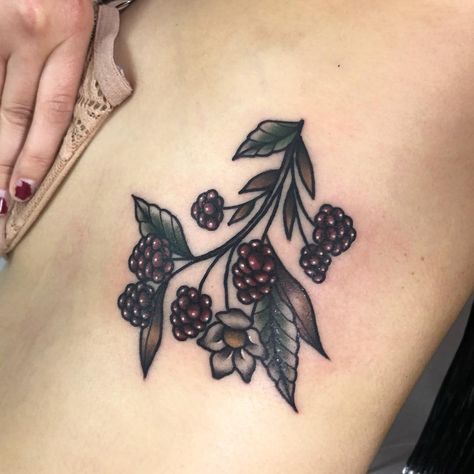 Blackberry branch #traditionaltattoo #blackworkers #tradtattoo Blackberry Tattoo Color, Blackberry Tattoo Traditional, Blackberry Bramble Tattoo, Blackberry Branch Tattoo, American Traditional Tattoos Small, Traditional Tattoo Small, Tattoo Small Ideas, Blackberry Branch, Blackberry Plant