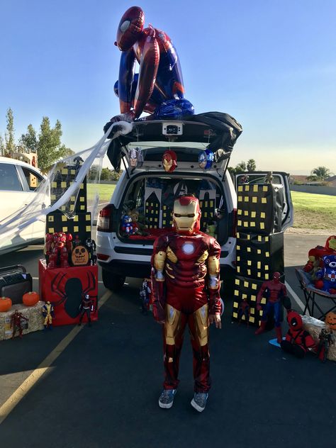 Trunk or treat! Avengers Halloween Interior Decorations, Trunk Or Treat Kits, Iron Man Theme, Church Trunk, Trunker Treat Ideas, Fall Festival Games, Trunk Or Treat Ideas, Avengers Theme, Halloween Wallpaper Cute