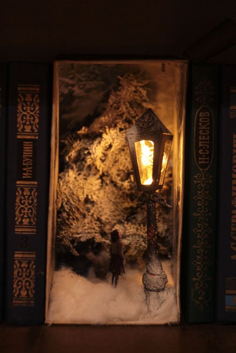 Narnia Book Nook, Booknook Diy, Fairy Garden Books, Diy Book Nook, Book Art Sculptures, Oxford College, Bookshelf Inspiration, Glass Book, Altered Book Art