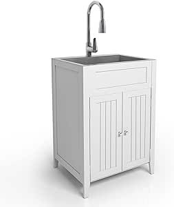 VINGLI 24-Inch Laundry Sink with Cabinet and Pull-Out Sprayer Faucet, Stainless Steel Utility Sink with Cabinet, White Cabinet with Sink for Laundry & Utility Room, Kitchen, Bathroom, Basement Utility Sink With Cabinet, Sink With Cabinet, Laundry Utility Room, Stainless Steel Utility Sink, Cabinet With Sink, Bathroom Basement, Mudroom Ideas, Laundry Cabinets, Cabinet Plans