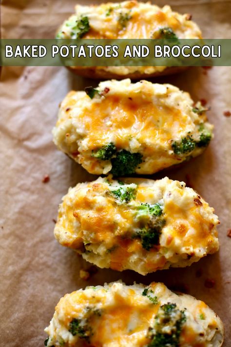 potatoes with cheddar and broccoli and text overlay. Twice Baked Potatoes Recipe, Broccoli And Potatoes, Cheddar Potatoes, Twice Baked Sweet Potatoes, Beans Recipes, Stuffed Baked Potatoes, Broccoli Bake, Baked Potato Recipes, Fresh Recipes