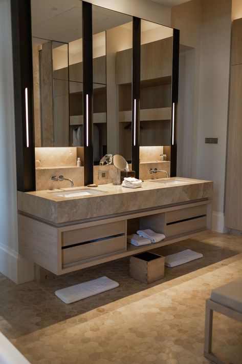 Bathroom Interior Design Double Sink, Travertine Vanity Top, Bathroom Lavatory Ideas, Travatine Bathroom Ideas, Double Sink Bathroom Ideas Modern, Travertine Bathroom Modern, Bathroom Sink Double, Bathroom Sinks Modern, Bathroom Countertop Design