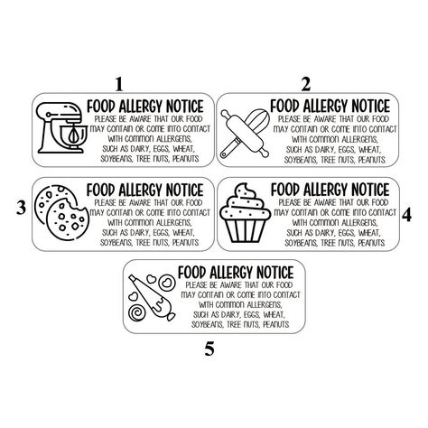 These cute food stickers are perfect to let customers know if your product may contain some allergens NOT CUSTOMIZABLE/ SHIPS AS PICTURED Size is 2.5 x1 *YOU MAY RECEIVE YOUR LABELS ON A SHEET OR ROLL DEPENDING ON THE QUANTITY ORDER.* Material self-adhesive glossy paper You will receive the number of labels you select in the design you select. <<--------------------Shipping----------------------------> Please ensure that the shipping information is correct when you place your order. If an incorr Cottage Food Labels, Food Label Design Stickers, Bakery Business Plan, Culinary Lessons, Surface Pattern Design Inspiration, Small Business Organization, Food Allergens, Baking Business, Bakery Business