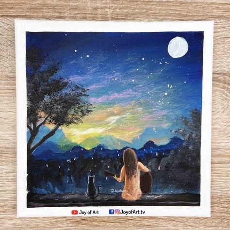 Music at night acrylic painting on canvas by Joy of Art #368 Tutorial is now on You Tube Music At Night, Night Acrylic Painting, Poster Colour Painting, Colour Painting, Night View, Easy Diy Art, Poster Colour, Butterfly Cards, Acrylic Painting On Canvas