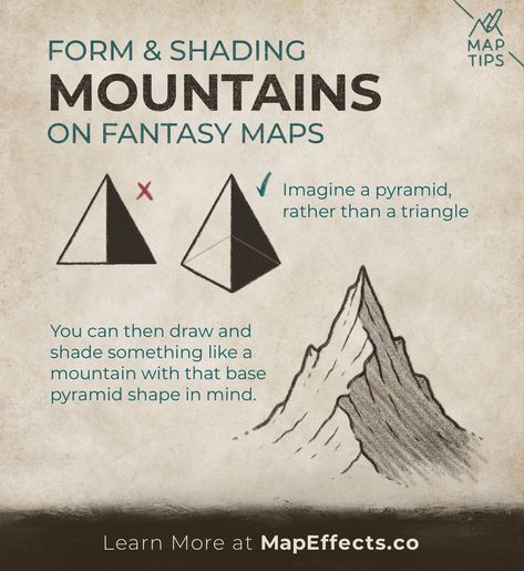 How to use form for more realistic shading for mountains and features on fantasy maps. Fantasy Map Mountains, Draw Fantasy Map, Map Mountains, How To Draw Mountains, Map Effects, Realistic Shading, App Map, Map Sketch, Map Drawing