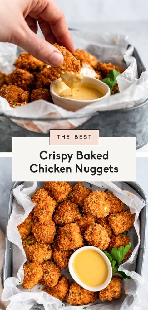 These are the BEST crispy baked chicken nuggets you'll ever make! This delicious, healthy chicken nuggets recipe takes just about 30 minutes from start to finish and uses super simple ingredients like panko breadcrumbs, chicken breast and spices. Serve with honey mustard, ketchup or your favorite BBQ sauce. Kid-friendly and adult approved! #chickennuggets #chicken Breadcrumbs Chicken, Healthy Chicken Nuggets, Chicken Nuggets Recipe, Baked Chicken Nuggets, Homemade Chicken Nuggets, Healthy Baked Chicken, Chicken Nugget Recipes, Nuggets Recipe, Ambitious Kitchen