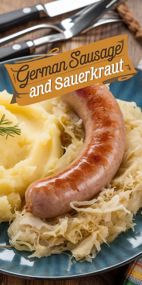 German Sausage and Sauerkraut: a classic comfort food dish featuring savory sausages and tangy sauerkraut. Perfect for Oktoberfest or any cozy dinner! Sauerkraut And Hot Dogs Recipes, Hot Dogs And Sauerkraut In Crock Pot, Sauerkraut And Sausage Recipes, Knackwurst Recipe, Smoked Sausage And Sauerkraut Recipe, Brats With Sauerkraut, Recipes Using Sauerkraut, German Sausage Recipes, Polish Sausage And Sauerkraut