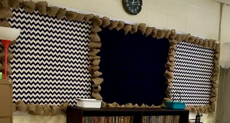 Navy, navy chevron, burlap  Annie's Mindful Teaching Blue And Gold Bulletin Board Ideas, Chalk And Burlap Classroom Decor, Dreamy Classroom, Burlap Classroom Decor, Burlap Classroom, Burlap Wall Decor, Farmhouse Classroom, Farmhouse Theme, Classroom Decor High School