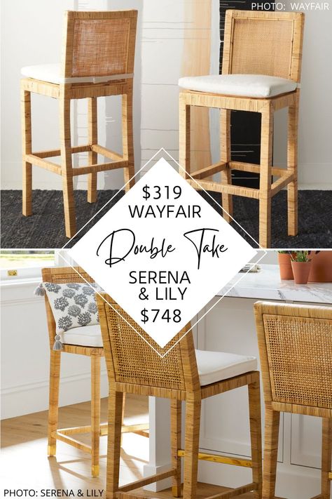 Diy Rattan Bar Stool, Natural Rattan And Wood Amolea Counter Stool World Market, Serena And Lily Balboa Counter Stool, Woven Counter Stools With Backs, Balboa Counter Stool, Rotan Chair, Modern Kitchen Counter Stools, Coastal Modern Kitchen, Beige Couch Living Room