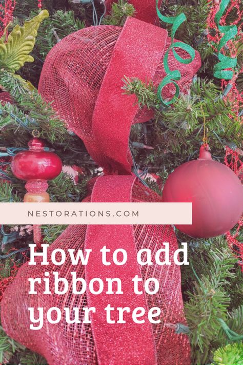 How-to-add-ribbon-tree Deco Mesh Christmas Tree Filler, Polypro Mesh Ribbon On Christmas Tree, Ribbon Filler For Christmas Tree, How To Add Ribbon To Your Christmas Tree, Christmas Tree Mesh Ribbon, Christmas Tree With Red Ribbon, Tree Fillers, Christmas Tree In Basket, 7ft Christmas Tree