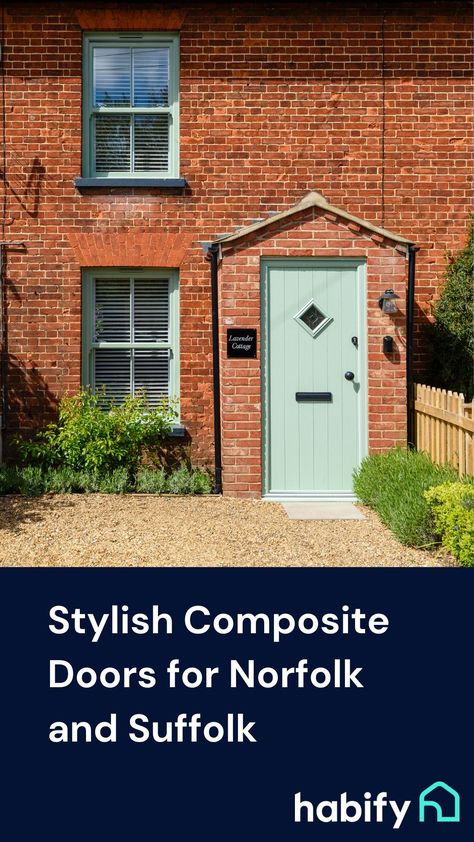 A composite entrance door by Solidor in chartwell green. Supplied and fitted by Habify. Composite Front Doors, Composite Front Door, Lavender Cottage, Green Windows, Door Installation, Red Bricks, Front Doors, Web Page, Energy Efficient