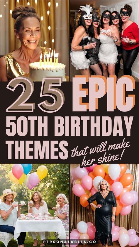 Party Themes 50th Birthday, Birthday Party Themes 50th, Fifty Theme Birthday Party, Woman Bday Party Ideas, Theme 50th Birthday Party Ideas, Themed Birthday Party Ideas Adults, 50 Celebration Ideas, Outfit For 50th Birthday Party For Women, 50th Birthday Party Theme Ideas For Women