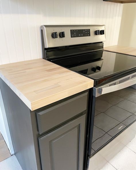 Whitewashed Butcher Block, Dark Grey Cabinets With Butcher Block, Butcher Block Island Stain Color, Butcher Block Color Ideas, Butcher Block Finishes, Light Butcher Block Countertops Kitchen, Grey Stain Butcher Block Countertops, Birch Butcher Block Stain Colors, Can You Stain Butcher Block Countertops