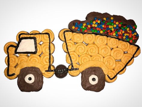 Dumptruck Cupcake Cake, Bulldozer Cupcake Cake, Dump Truck Cake Ideas, Dump Truck Cupcake Cake, Cupcake Cakes Birthday Boy, Car Cupcake Cake, Truck Cupcake Cake, Dump Truck Cupcakes, Dump Truck Cake