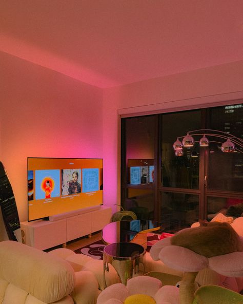 Dream apartment: night time edition✨ Comment “lighting” for the link to the tv light strips I’m using in my apartment.💡 #homedecor #apartmentdecor #cityapartment #dreamapartment #apartmentliving #huelights #huelightstrips #huelighting Apartment With Led Lights, Tv Light, Vibey Apartment, Cozy Studio Apartment, Calming Interiors, Apt Decor, Hue Lights, Comfort Place, Ig Bio