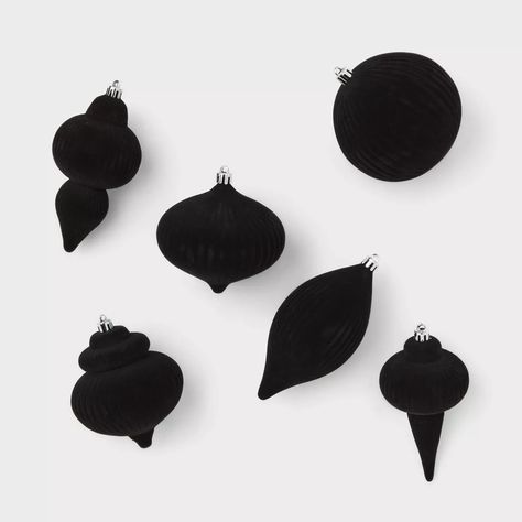 6pc Flocked Finial Christmas Tree Ornament Set Black - Wondershop™ : Target Green Christmas Tree With Black Decor, Black White And Green Christmas Tree, Black Decor Christmas Tree, Matte Black Christmas Decor, Black Holiday Decor, Black Flocked Christmas Tree, Modern Black Christmas Tree, Black White And Red Christmas Decor, Black And White Xmas Tree