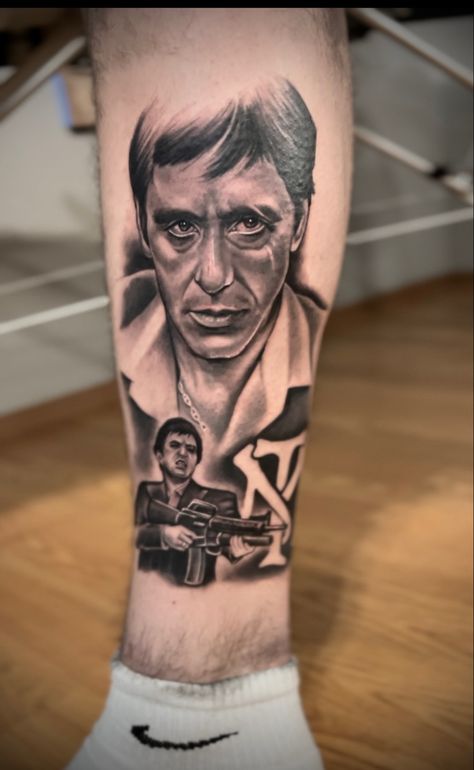 Scarface Inspired Tattoo, Scarface Leg Tattoo, Tony Montana Tattoo Stencil, Scarface Portrait, Scarface Tattoo Design, Tony Montana Tattoo, Scarface Tattoo, Scarface Al Pacino, Montana Tattoo