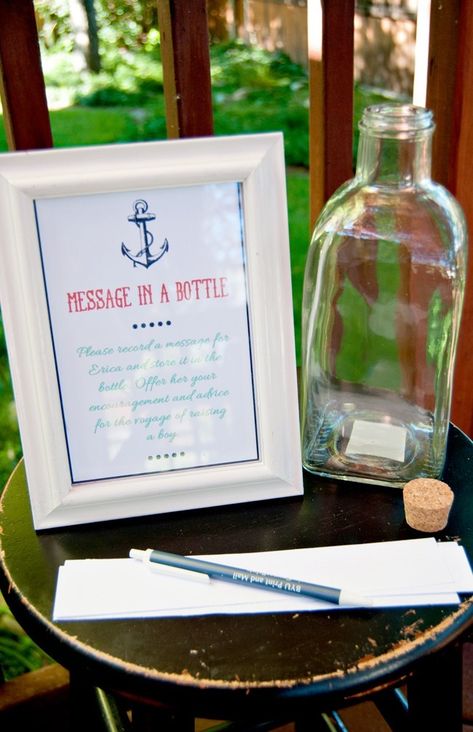 Nautical Baby Shower Message in a Bottle Nautical Baby Shower Boy, Fiesta Shower, Ocean Baby Showers, Sailor Baby, Beach Baby Showers, Ahoy Its A Boy, Boy Baby Shower Ideas, Sea Baby Shower, Nautical Birthday