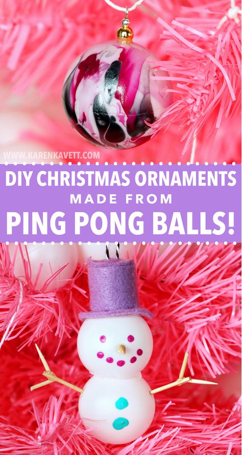 DIY Christmas Tree Ornaments Using Ping Pong Balls | Cute Snowman and Nail Polish Marble Decorations Ping Pong Ball Snowman Ornament, Ping Pong Ball Ornaments, Ping Pong Ball Crafts, Games With Ping Pong Balls, Ping Pong Ball Games, Silly Christmas, Wooden Xmas Trees, Recycling Crafts, Diy Gifts To Sell