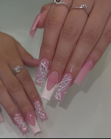 Girly Acrylic Nails, Long Square Acrylic Nails, Bling Acrylic Nails, Glam Nails, Butterfly Nail, Pink Acrylic Nails, Nagel Inspo, Square Acrylic Nails, Fire Nails