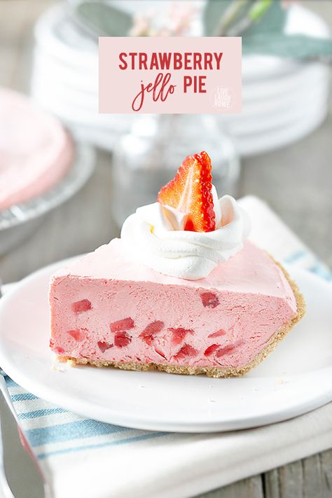 A Strawberry Pie recipe with jello and cool whip piled into a graham cracker crust making a delicious dessert. A sweet treat perfect for a hot summer day! Recipe at livelaughrowe.com #pie #strawberries #nobake Strawberry Pie Recipe With Jello, Jello And Cool Whip, Strawberry Jello Pie, Baked Strawberry Pie, Kool Aid Flavors, Cool Whip Pies, Jello Pie, Meal Plan Week, Strawberry Pie Recipe