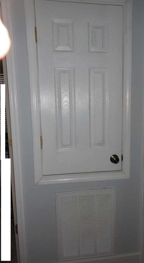 How do I replace a non-standard sized AC closet door? - Home Improvement Stack Exchange Hallway Air Conditioner Closet, Doors For Ac Closet, Ac Handler Closet Door, Hide Hvac Unit Indoors, Short Door Solutions, Air Conditioning Closet Door Ideas, Hvac Closet Ideas, Hvac Door Ideas, Hvac Closet Door Ideas