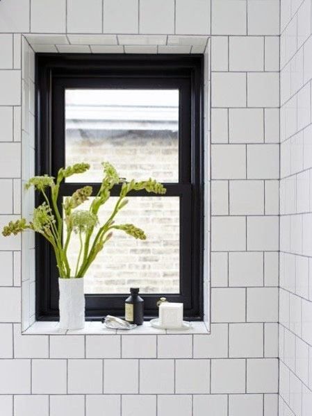 Top 70 Best Shower Window Ideas - Bathroom Natural Light Shower Windows Ideas, Makeover Kamar Mandi, Tiled Bathroom, Black Window Frames, Window In Shower, Bad Inspiration, Black Windows, Bathroom Windows, Window Room