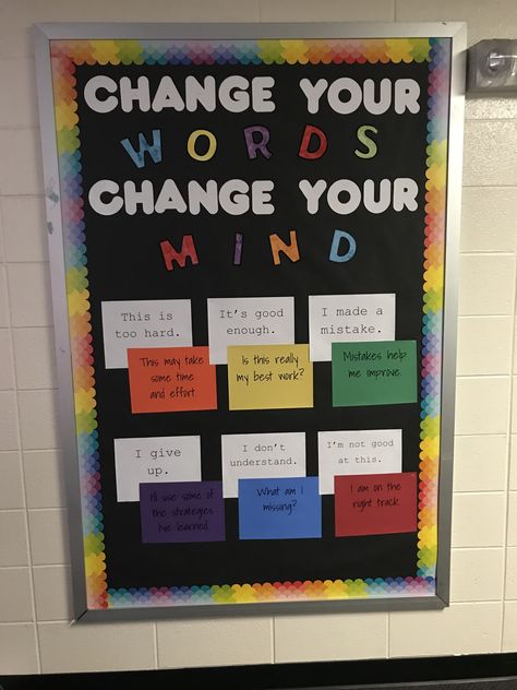 Motivation Board Ideas For Work, Change Ur Mindset, Motivational Classroom Bulletin Boards, Mindset Bulletin Board Elementary, High School Inspirational Bulletin Board Ideas, Change Your Words Change Your Mind, Change Your Words Change Your Mindset Bulletin Board, Optimism Bulletin Board, Mindful Bulletin Board Ideas