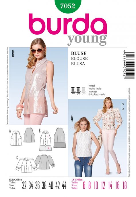 BurdaStyle 7052 | Blouse Summer View, Burda Sewing Patterns, Printable Sewing Patterns, Blouse Pattern Sewing, Pattern Library, Burda Style, Style Blouse, Puff Sleeve Blouse, Blouse Pattern