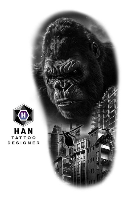 King Kong Tattoo Design, Gorilla Tattoo Design, Kong Tattoo, Dna Tattoo, Animal Sleeve Tattoo, Colour Tattoo, Gorilla Tattoo, Crazy Tattoos, Black Tattoo Cover Up