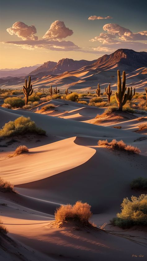 Immerse yourself in a stunning desert landscape wallpaper, showcasing rolling sand dunes kissed by a golden sunset. With vibrant cacti adding contrast against earthy tones and majestic mountains in the distance, this impressionistic and surreal depiction captures the ethereal beauty of nature. Ideal for those seeking tranquility and the serene essence of a remote desert environment. Perfect for home decor and digital backgrounds. Mountains In The Distance, Desert Environment, Golden Sunset, Majestic Mountains, Mojave Desert, Desert Sunset, Desert Landscape, Sunset Wallpaper, Desert Sand