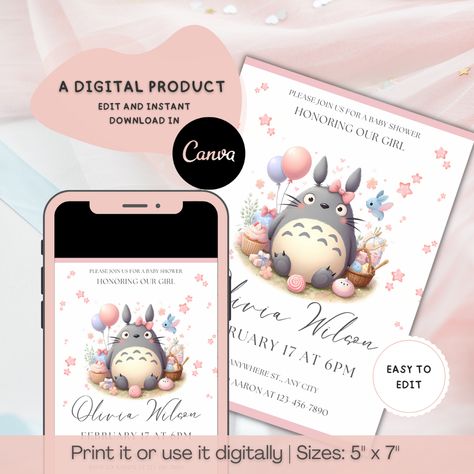 ENJOY 50% OFF WHEN YOU PURCHASE 3 OR MORE ITEMS
***Discount will be applied directly at the checkout***

🌸 Step into the enchanting world of Studio Ghibli with our delightful Pink Totoro Baby Shower Invitation Template! 🍼 Perfect for celebrating the upcoming arrival of a baby girl, this adorable invitation brings the magic of My Neighbor Totoro to your special occasion. Pink Totoro, Totoro Characters, Neighbor Totoro, Baby Shower Invitation Template, Baby Shower Invites For Girl, My Neighbor Totoro, Digital Invitation, Bday Ideas