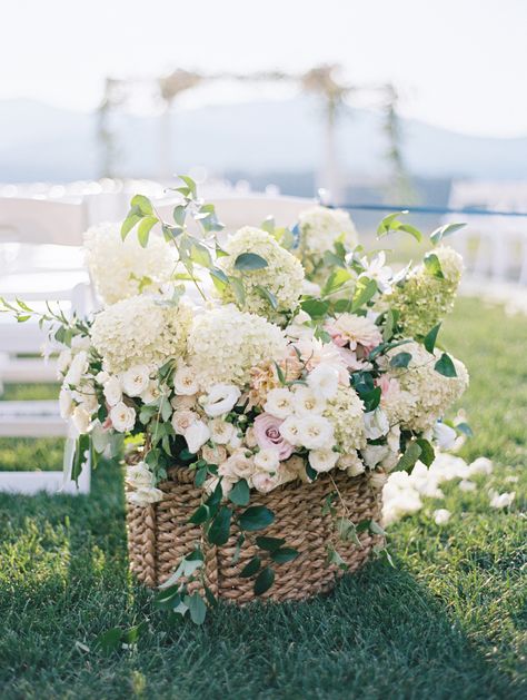 All Things Blue, Pippin Hill Wedding, French Country Wedding, French Basket, Aisle Flowers, Hydrangeas Wedding, Hill Wedding, Floral Baskets, Ceremony Flowers