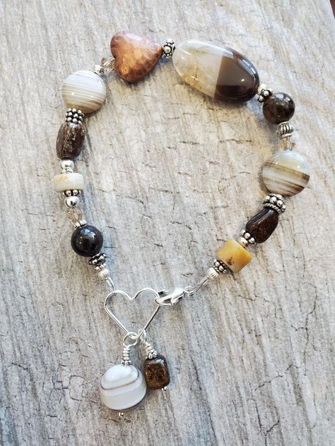 Bronzite Bracelet, Black Shades, Lovers Necklace, Heart Themed, Brown Stone, Botswana Agate, Botswana, Heart Pendant Necklace, Shades Of Grey