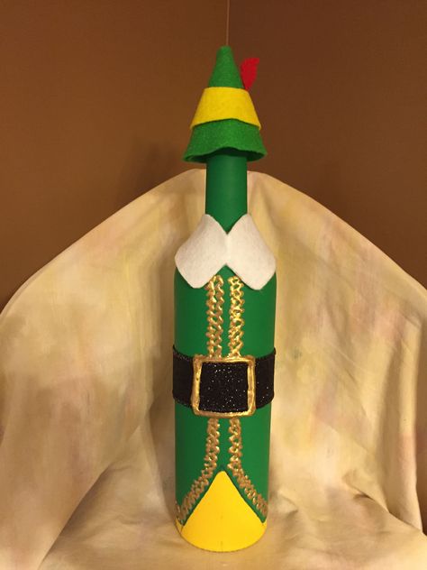 Buddy the Elf Elf Wine Bottle Crafts, Elf Wine Bottle, Nutcracker Wine Bottle Diy, Holiday Wine Bottle Crafts, Christmas Bottles, Crafts For Christmas, Wine Crafts, Wine Bottle Crafts Christmas, Holiday Wine Bottles