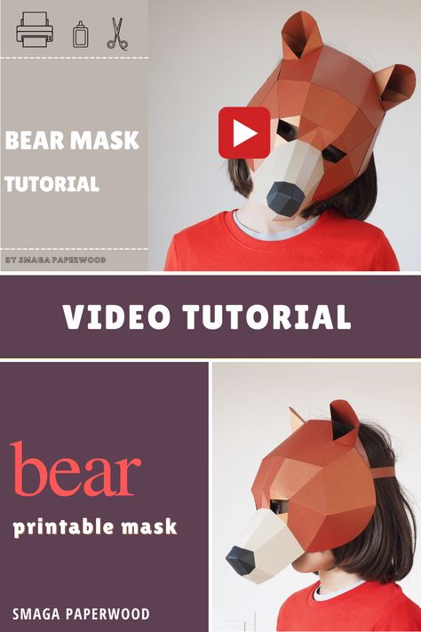 DIY Papercraft project! How to make a Paper Bear mask. Perfect for Halloween, costume party, or masquerade ball. Video tutorial by smagaPaperwood Diy Animal Masks For Kids, Cardboard Mask Diy, Diy Bear Costume, Bear Mask Diy, Bear Mask Craft, Bear Costume Diy, Diy Mask Costume, Polar Bear Mask, Bear Mask Masquerade