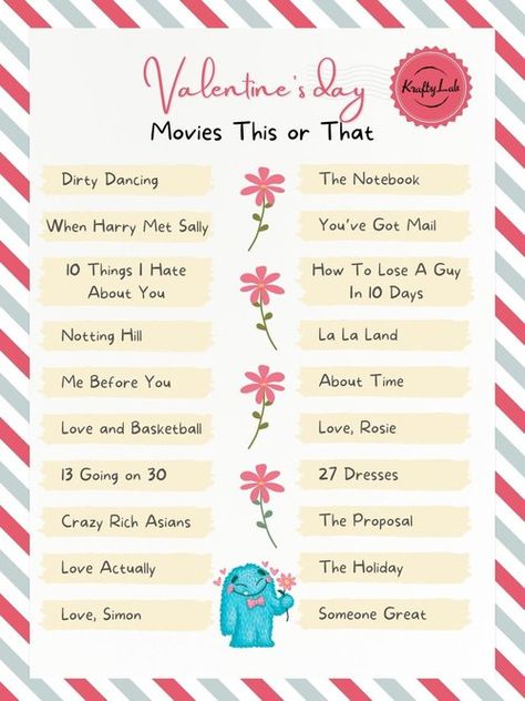 Valentine's Day Movie This or That for teams at work Valentines This Or That, Team Building Ideas, Funny Games For Groups, Movie Trivia Questions, Valentines Movies, Valentine's Day Party Games, Rather Questions, Valentines Games, 13 Going On 30