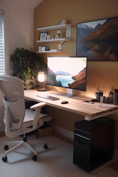 Modern desk setup to work White And Walnut Desk Setup, Wood Desk Gaming Setup, Cozy Minimal Desk Setup, Desktop Design Workspaces, Computer Desk Setup Workspaces, Desktop Setup Minimalist, Small Computer Desk Setup, Oak Desk Setup, Minimal Pc Setup