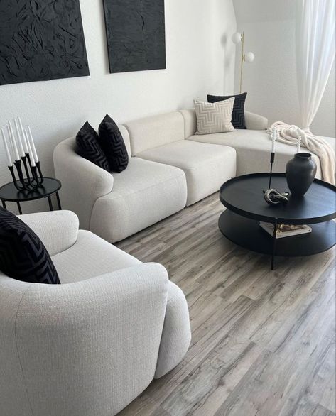 Black And White Aesthetic Living Room Modern, Black And White Apartments, White And Black Aesthetic Living Room, Modern White And Black Living Room, Full Size Mirror Decor, White Couch With Black Accents, Modern Apartment Decor Minimalist Black, Small Living Room Decor Black And White, Minimalist Living Room Design Apartment