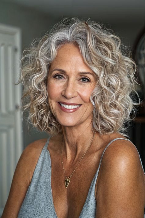 We tend to associate old(er) people with grey hair and while many of them are rocking the wise wizard look, others opt for something a little more... colorful. Perm Gray Hair Over 50, Short Curly Grey Hair Over 50 Gray Hairstyles, Hair Color For Over 60 Aging Gracefully, Fine Curly Hair Cuts Shoulder Length, Greying Hair Highlights Blending, Gray Blending Hair Highlights Ash Blonde, Grey Curly Hair Over 50, Blonde Grey Blending, Long Hair Over 50 Older Women