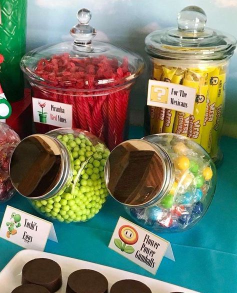 Luke’s Super Mario Birthday  | CatchMyParty.com Mario Birthday Candy Table, Mario Candy Table Ideas, Super Mario Bros Candy Table, Mario Treat Table, Super Mario Candy Table, Super Mario Bros Party Ideas Food, Mario Birthday Party Ideas, Birthday Candy Table, Super Mario Bros Party