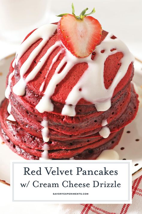 Make breakfast colorful & sweet with Red Velvet Pancakes! They are drizzled with a cream cheese glaze and perfect for weekends and holidays! #redvelvetpancakes #homemadepancakes #valentinesdaybreakfast www.savoryexperiments.com Blueberry Waffles Recipe, Chocolate Layer Dessert, Pancake Mix Muffins, Raspberry Pancakes, Easy Homemade Pancakes, Lemon Poppyseed Pancakes, Brownie Brittle, Red Velvet Pancakes, Cheesecake Bites Recipe