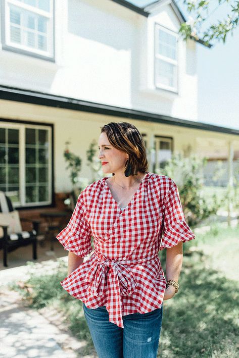 Best Wrap Top Pattern • DIY details for sewing a gingham wrap blouse Wrap Blouse Pattern, Wrap Top Sewing Pattern, Wrap Top Pattern, Peplum Wrap Top, Sewing Patterns Free Women, Winter Blouses, Best Wraps, Top Sewing, Casual Skirt Outfits