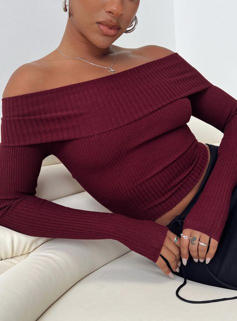 Off Shoulder Red Sweater, Solid Fall Off-shoulder Sweater, Fitted Off-shoulder Fall Sweater, Burgundy Crop Sweater, Burgundy Knit Long Sleeve Sweater, Off The Shoulder Jumper, Bday Wishlist, Off Shoulder Sweater, Burgundy Sweater