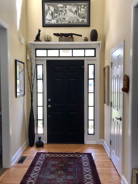 Added shelf above front door, moved artwork up and added decor... Over The Door Decor Entrance, Above The Door Decor Entryway, Over Door Shelf Decor Entryway, Shelf Above Front Door Entryway, Shelf Above Entry Door, Decor Above Front Door Inside, Above The Door Shelf, Ledge Above Front Door Decorating, Shelf Above Doorway