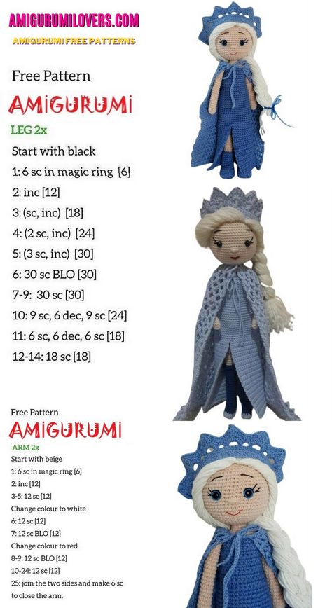 Amigurumi Disney Frozen Princess Elsa Free Crochet Pattern - Amigurumilovers.com Elsa Frozen Crochet Free Pattern, Crochet Frozen Patterns, Frozen Dolls, Crochet Toys Free Patterns, Elsa Doll, Crochet Princess, Doll Patterns Free, Crochet Toys Free, Crochet Doll Dress