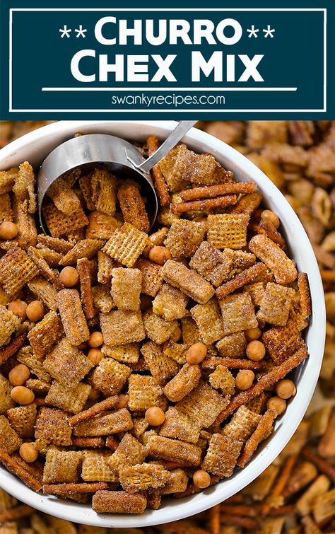 Churro Chex Mix - A sweet snack dessert made for a crowd. The BEST cinnamon sugar snack mix loaded with corn or rice cereal, pretzels, caramel, and Mexican churro pieces. This easy Sweet Churro Chex Mix Party Snack is perfect as a party appetizer or served as a delicious and addicting snack. Chex Mix Sweet, Cinnamon Sugar Snacks, Recipes With Cinnamon, Ranch Chex Mix Recipes, Cinnamon Chex, Sweet Chex, Party Mix Snacks, Chex Cereal, Lemon Sugar Cookies