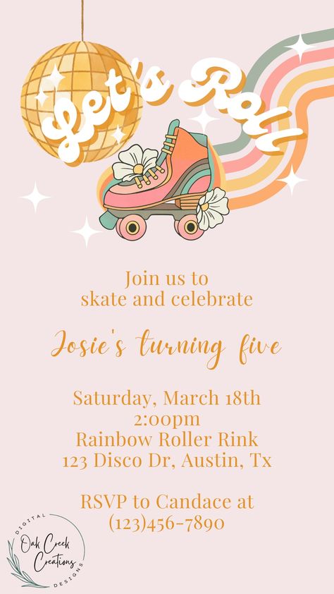 Roller Skate Invitations Free Printable, Retro Roller Disco Party, Lets Roll Skate Party, Groovy Skate Birthday Party, Roller Skating Invitations, Groovy Skate Party, Rolling Into 10 Birthday Party, Roller Skate Theme Birthday Party, 6 Is A Vibe Birthday Party