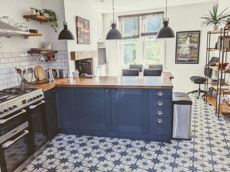 Blue kitchen with tiled floor. Star tiles. Victorian terrace refurb. West Yorkshire. Open shelving. Kitchen With Tiled Floor, Star Tiles, Wooden Worktops, Wood Worktop, Star Tile, Kitchen Improvements, Tiled Floor, Blue Kitchen Cabinets, Tiles Kitchen